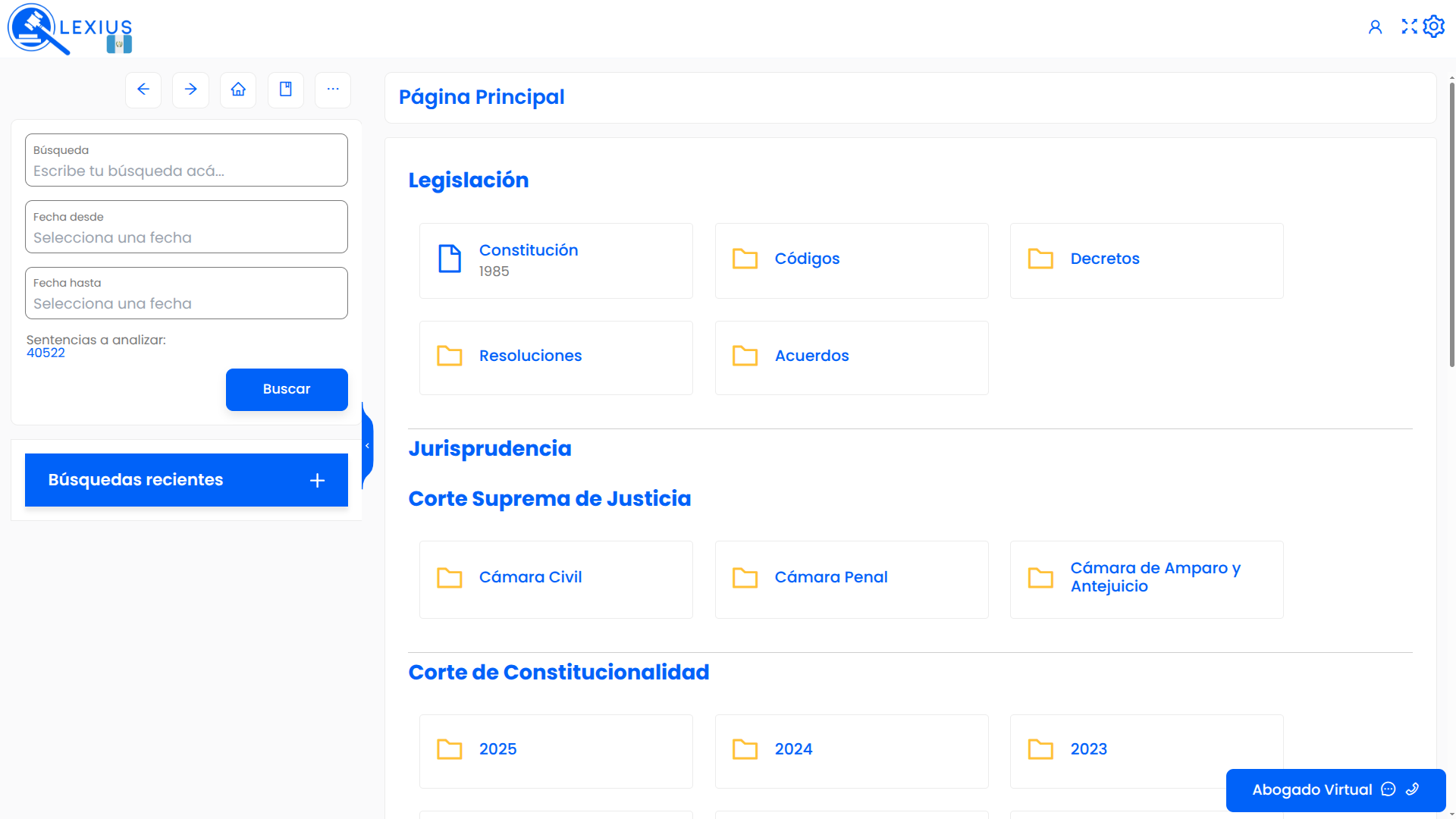 Pantalla de inicio de LEXIUS Guatemala