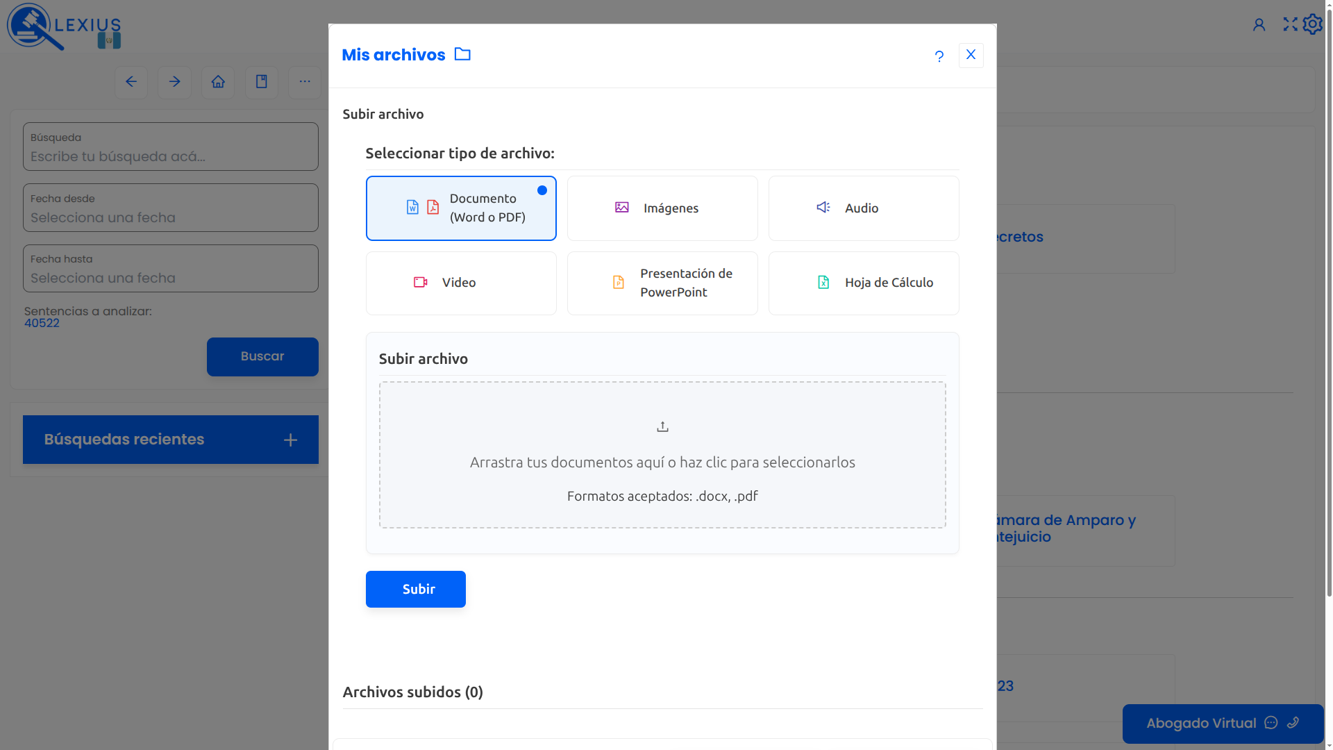 Pantalla de subir documentos