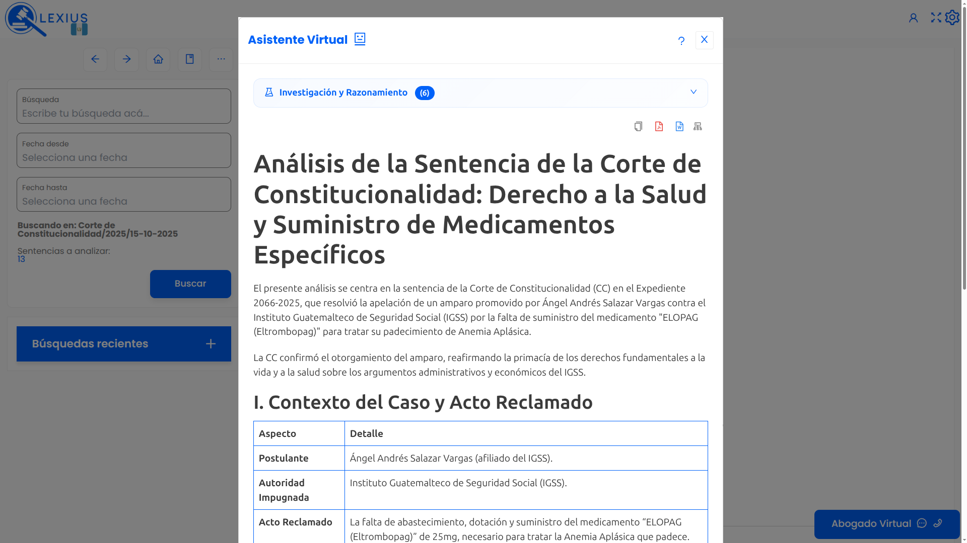 Síntesis de sentencia con el Asistente Virtual