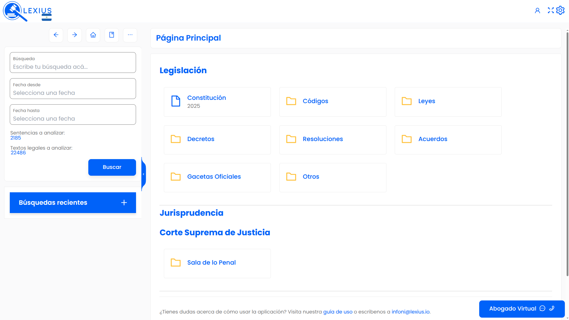 Pantalla de inicio de LEXIUS Nicaragua