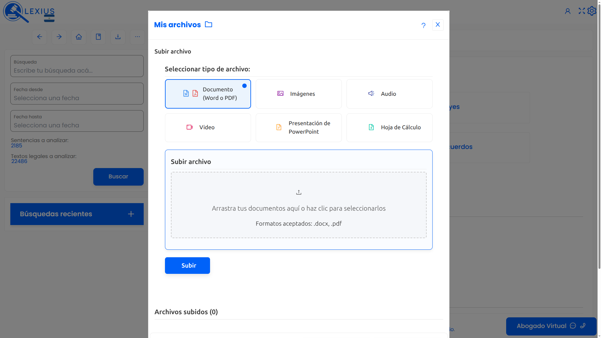 Pantalla de subir documentos