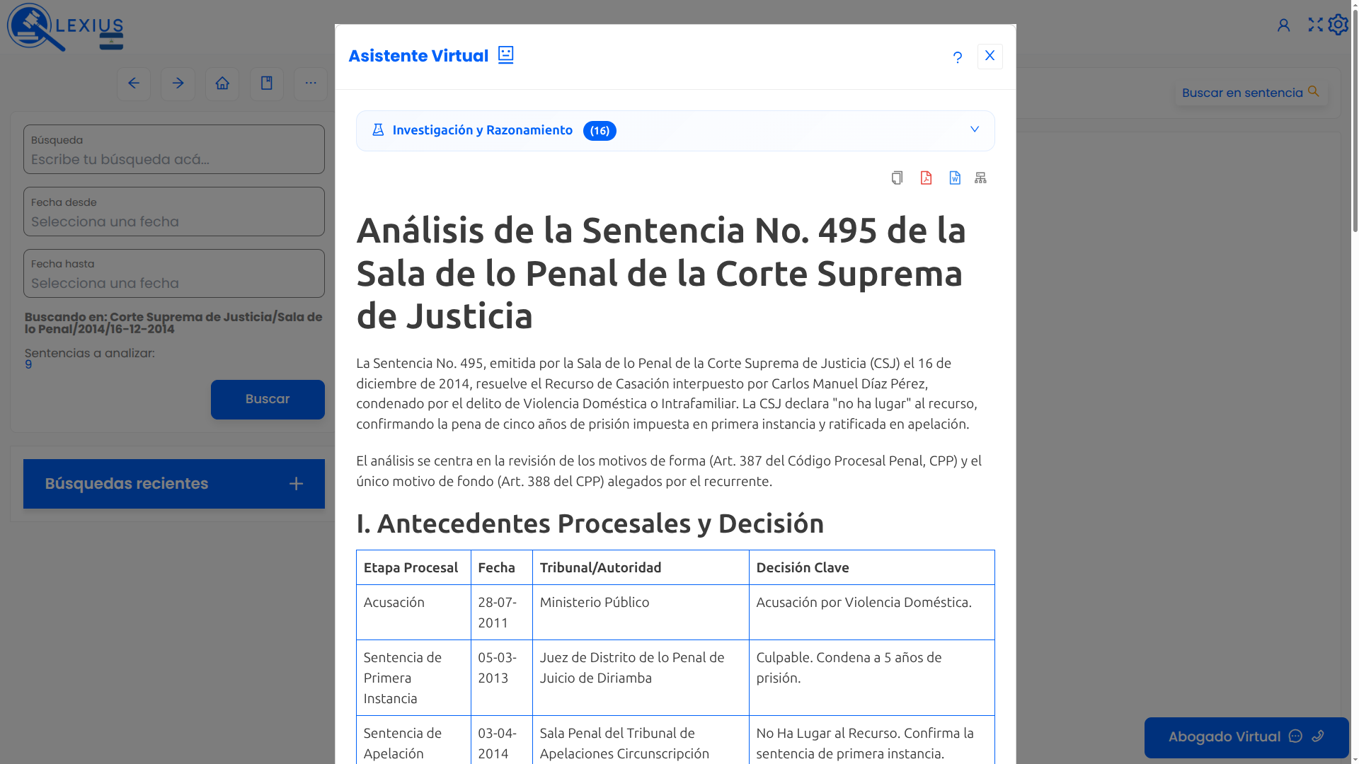 Síntesis de sentencia con el Asistente Virtual
