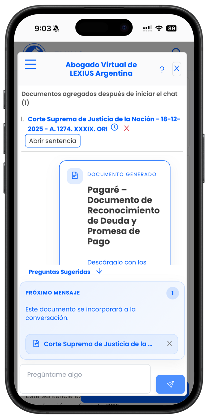 Placeholder: chat del Abogado Virtual donde se agregan varios documentos a una conversación ya iniciada y se ven como contexto del chat