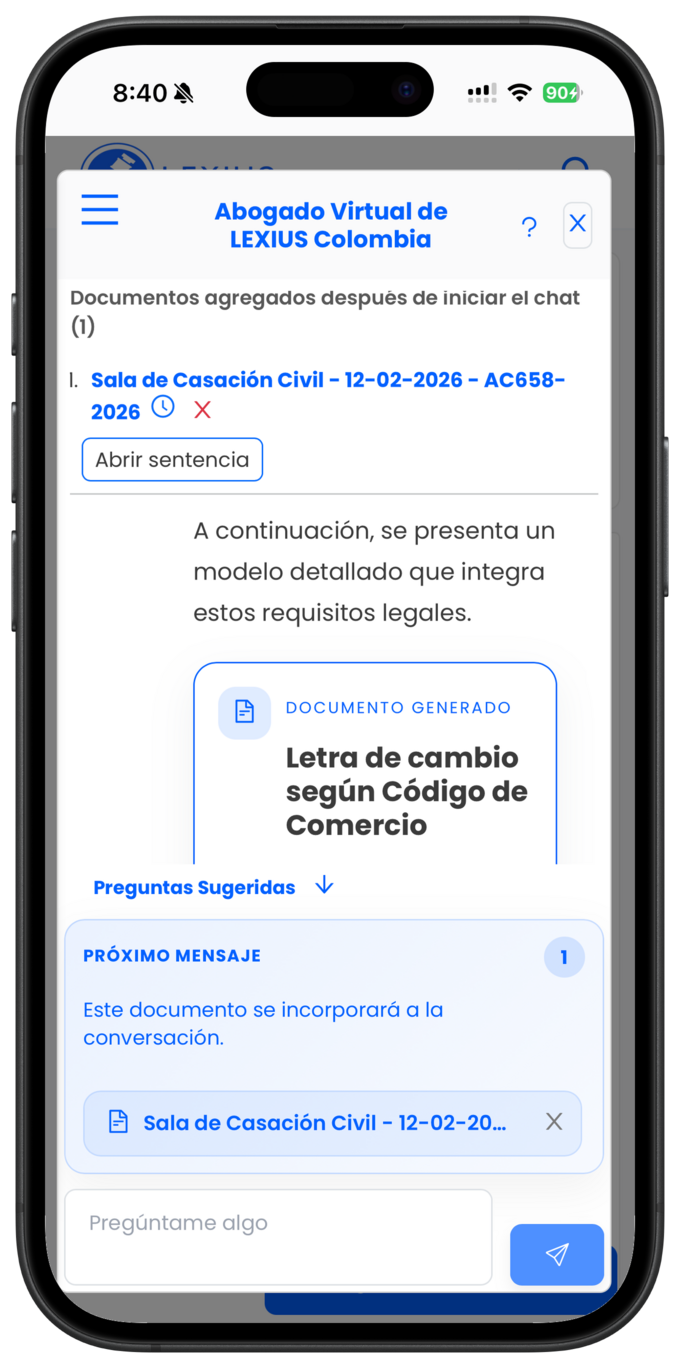 Placeholder: chat del Abogado Virtual donde se agregan varios documentos a una conversación ya iniciada y se ven como contexto del chat