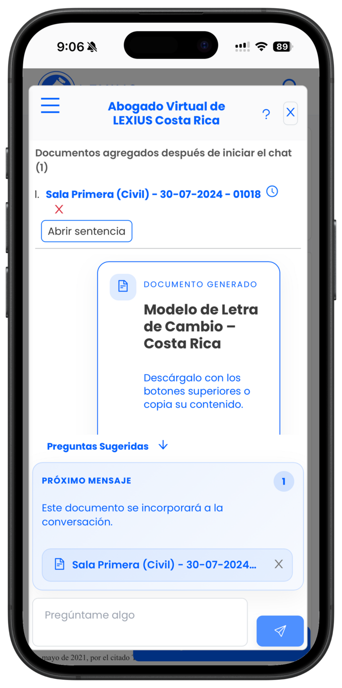 Placeholder: chat del Abogado Virtual donde se agregan varios documentos a una conversación ya iniciada y se ven como contexto del chat