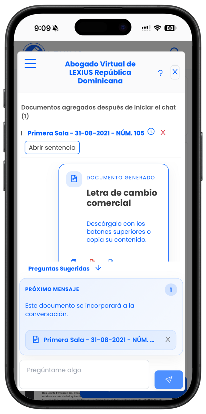 Placeholder: chat del Abogado Virtual donde se agregan varios documentos a una conversación ya iniciada y se ven como contexto del chat