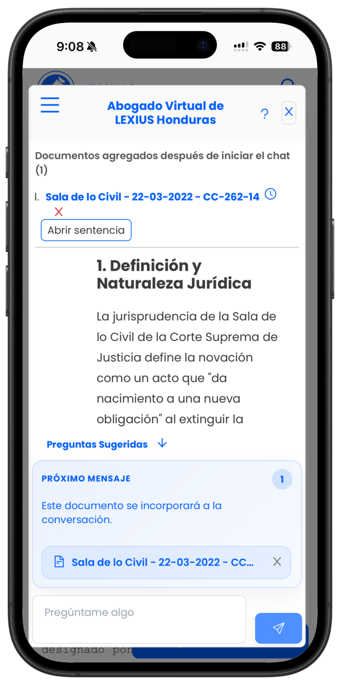 Placeholder: chat del Abogado Virtual donde se agregan varios documentos a una conversación ya iniciada y se ven como contexto del chat
