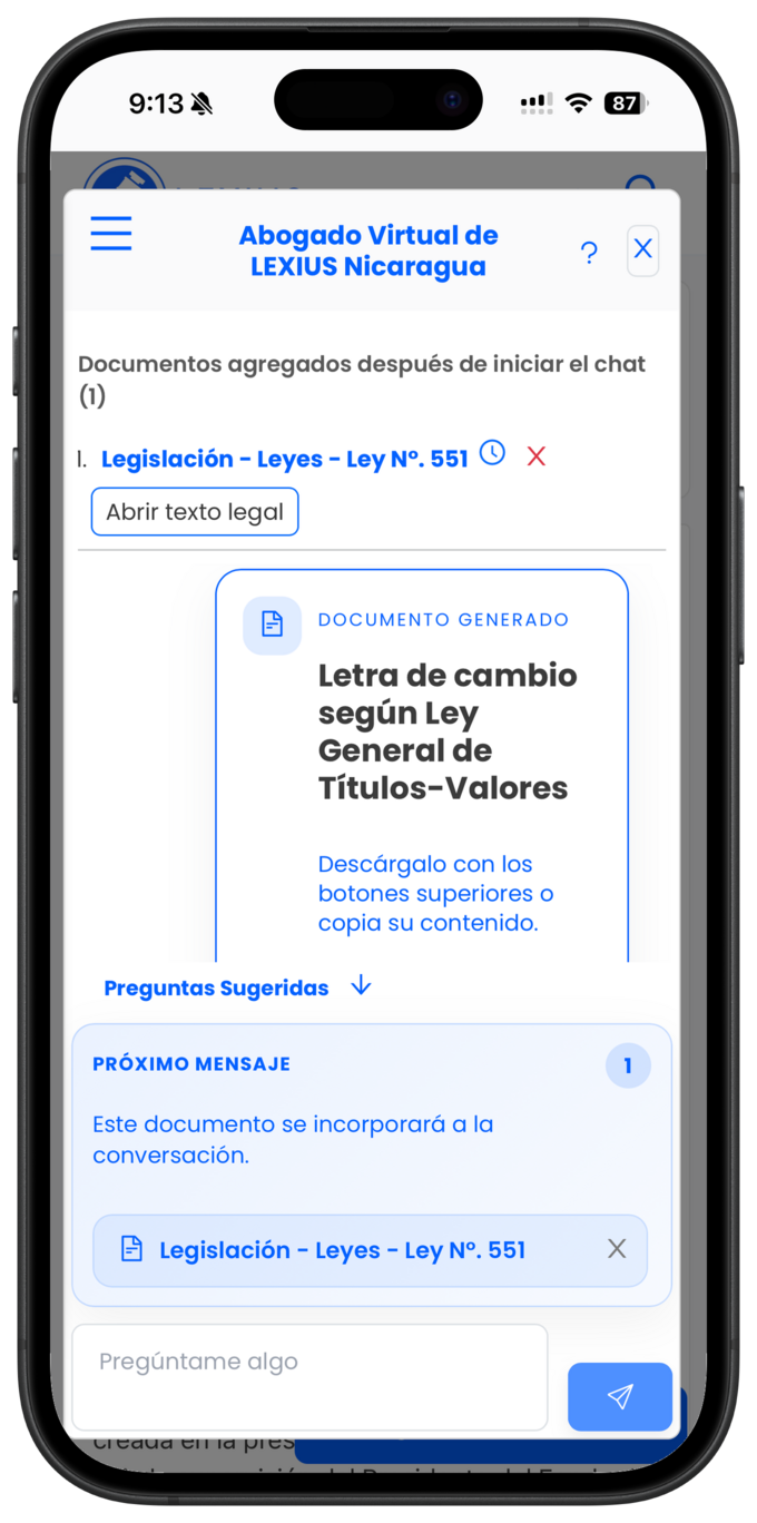 Placeholder: chat del Abogado Virtual donde se agregan varios documentos a una conversación ya iniciada y se ven como contexto del chat