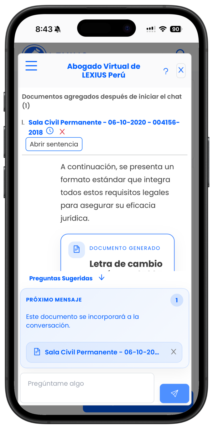 Placeholder: chat del Abogado Virtual donde se agregan varios documentos a una conversación ya iniciada y se ven como contexto del chat