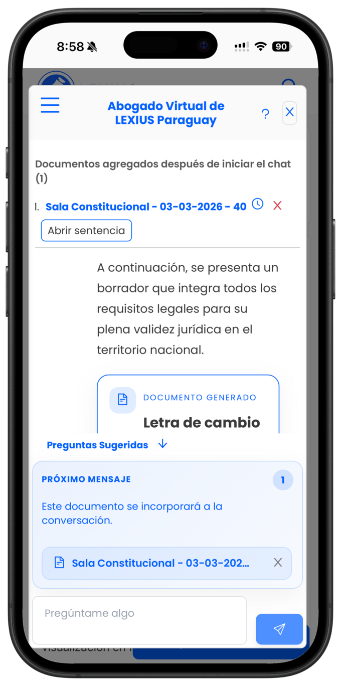 Placeholder: chat del Abogado Virtual donde se agregan varios documentos a una conversación ya iniciada y se ven como contexto del chat