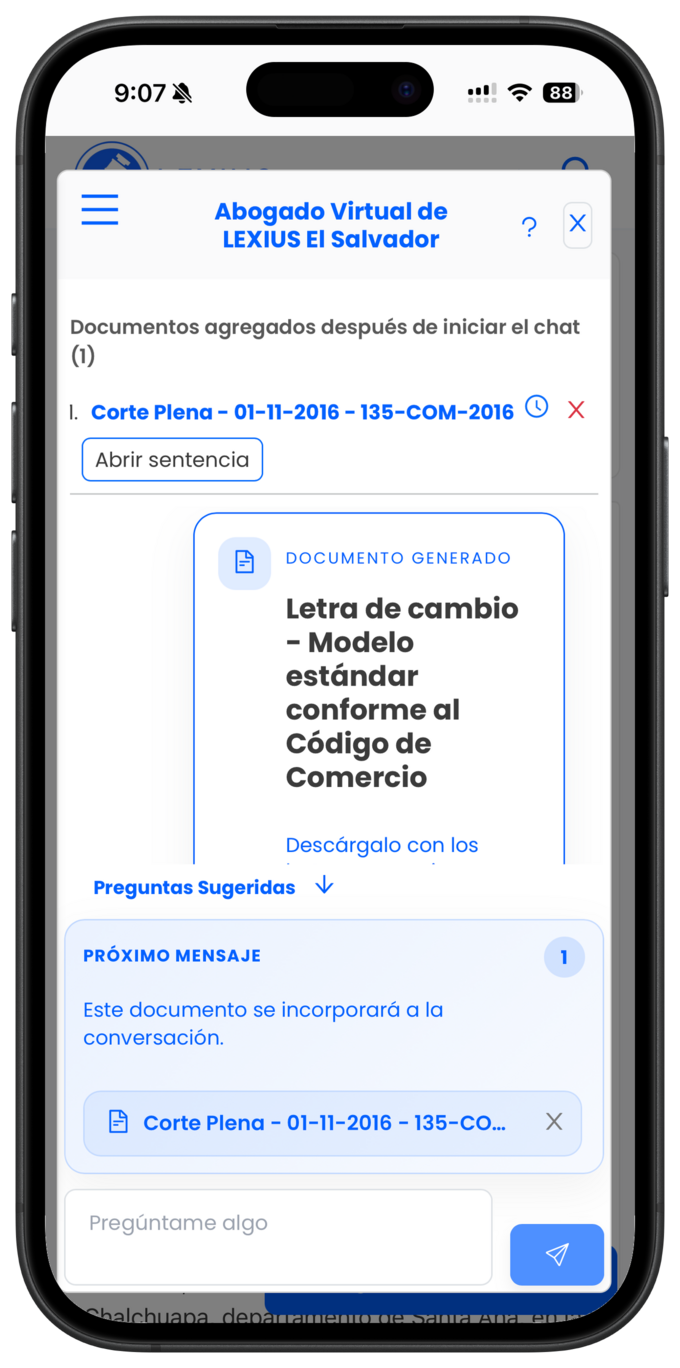 Placeholder: chat del Abogado Virtual donde se agregan varios documentos a una conversación ya iniciada y se ven como contexto del chat