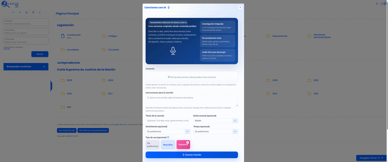 Placeholder: módulo de Canciones con IA mostrando instrucciones, estilo musical, letra y reproductor de audio generado a partir de contenido jurídico