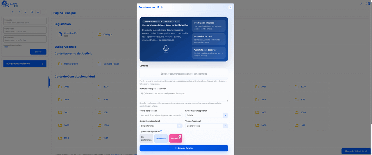 Placeholder: módulo de Canciones con IA mostrando instrucciones, estilo musical, letra y reproductor de audio generado a partir de contenido jurídico