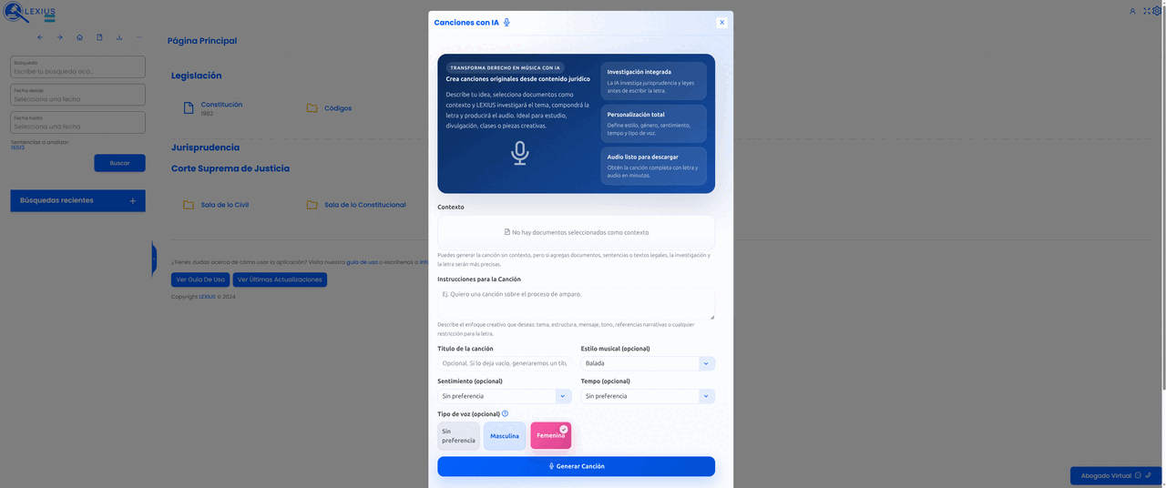 Placeholder: módulo de Canciones con IA mostrando instrucciones, estilo musical, letra y reproductor de audio generado a partir de contenido jurídico