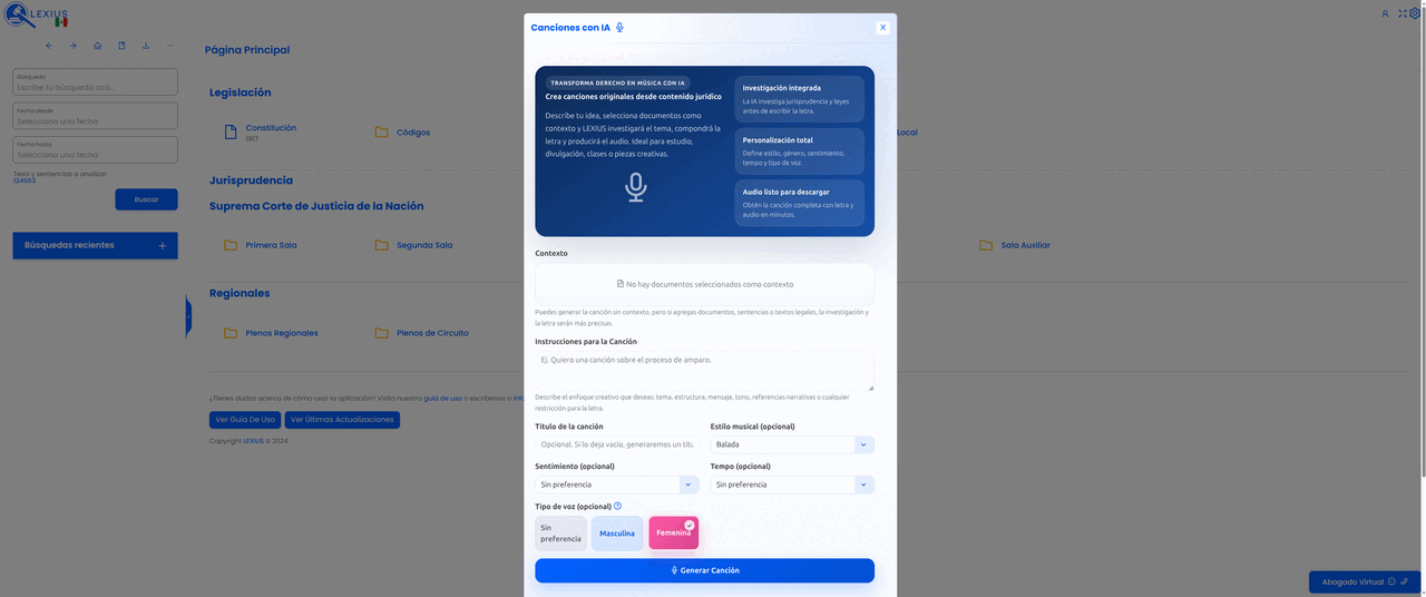 Placeholder: módulo de Canciones con IA mostrando instrucciones, estilo musical, letra y reproductor de audio generado a partir de contenido jurídico