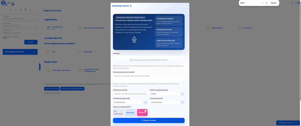 Placeholder: módulo de Canciones con IA mostrando instrucciones, estilo musical, letra y reproductor de audio generado a partir de contenido jurídico