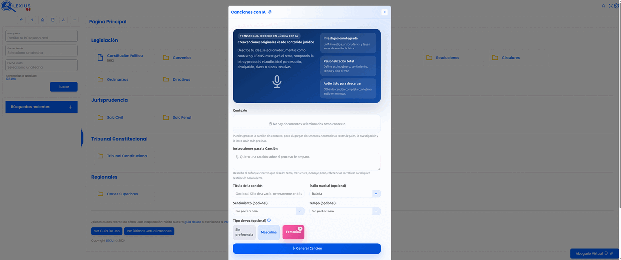 Placeholder: módulo de Canciones con IA mostrando instrucciones, estilo musical, letra y reproductor de audio generado a partir de contenido jurídico