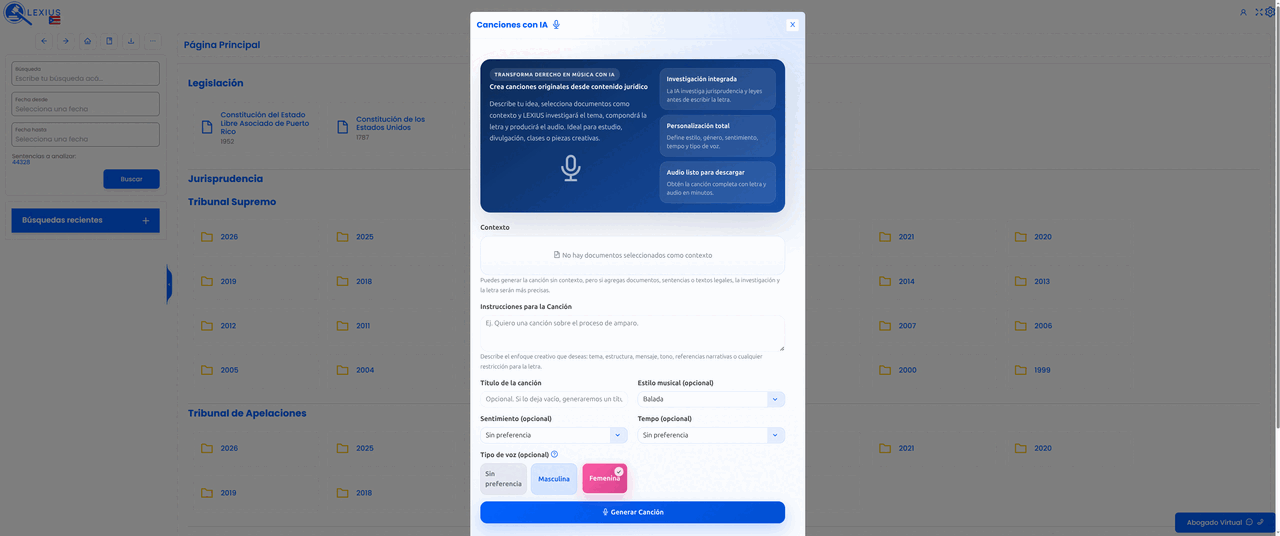 Placeholder: módulo de Canciones con IA mostrando instrucciones, estilo musical, letra y reproductor de audio generado a partir de contenido jurídico