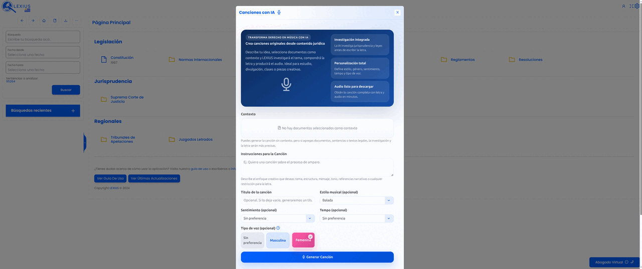 Placeholder: módulo de Canciones con IA mostrando instrucciones, estilo musical, letra y reproductor de audio generado a partir de contenido jurídico