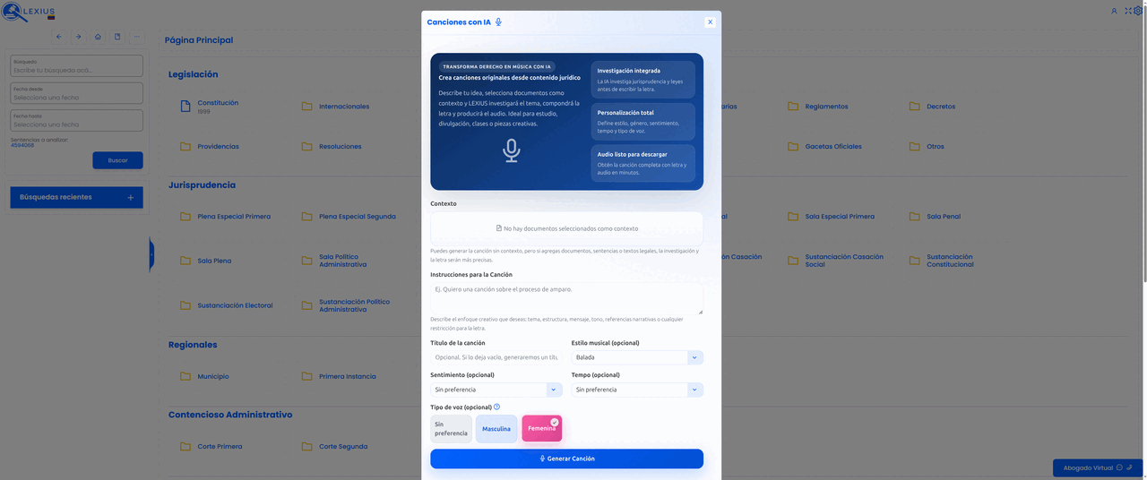 Placeholder: módulo de Canciones con IA mostrando instrucciones, estilo musical, letra y reproductor de audio generado a partir de contenido jurídico