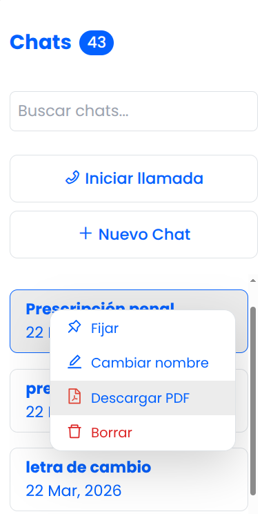 Placeholder: vista previa de un PDF exportado con el historial completo de un chat, mensajes ordenados y datos de contexto