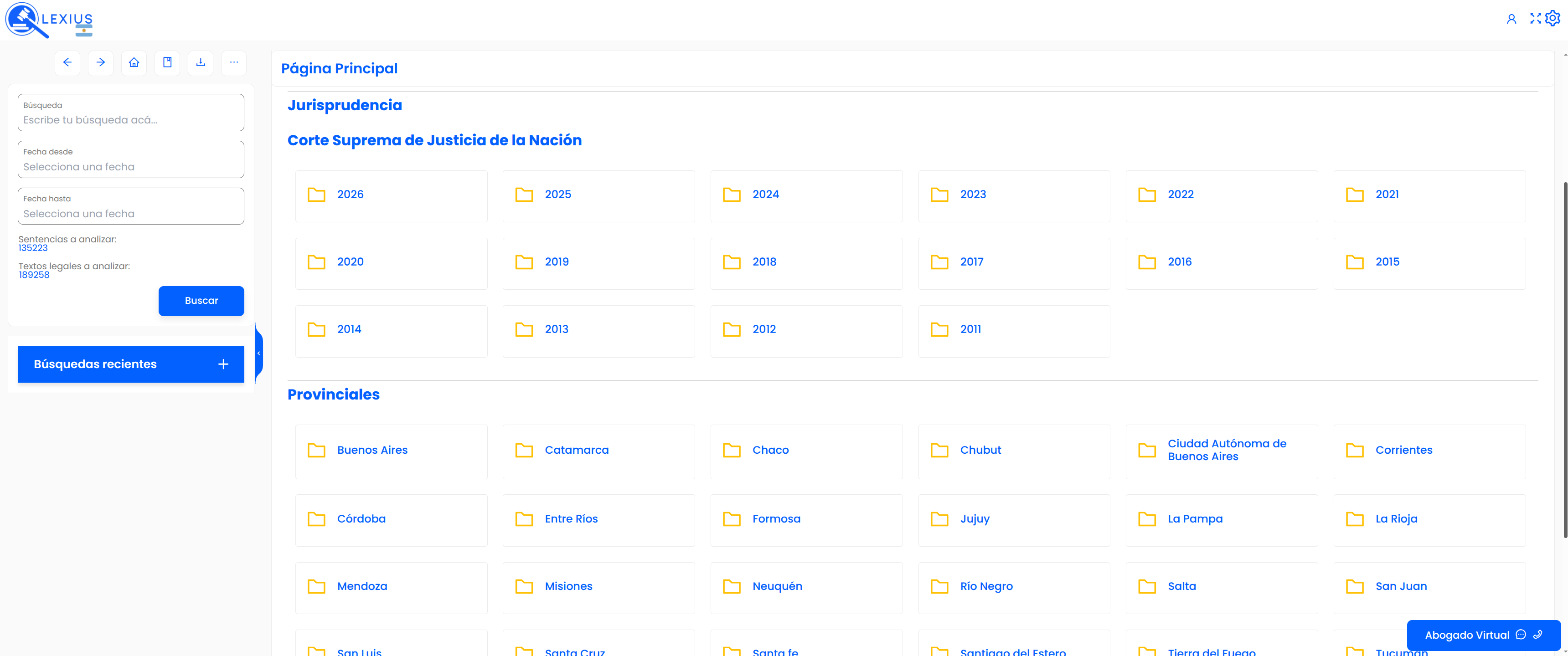 Nueva pantalla de inicio de LEXIUS Argentina con el contenido provincial incorporado
