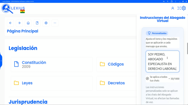 Instrucciones personalizadas del Abogado Virtual - LEXIUS Bolivia