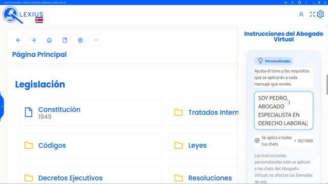 Instrucciones personalizadas del Abogado Virtual - LEXIUS Costa Rica