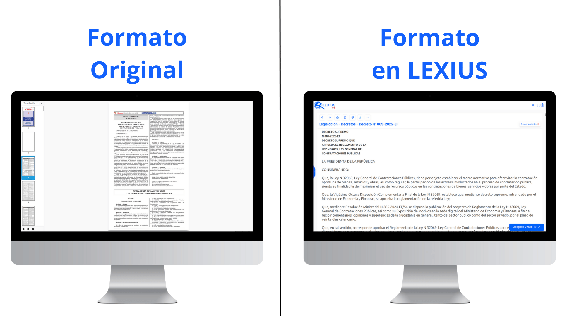Comparativa de formato de textos legales en LEXIUS Perú
