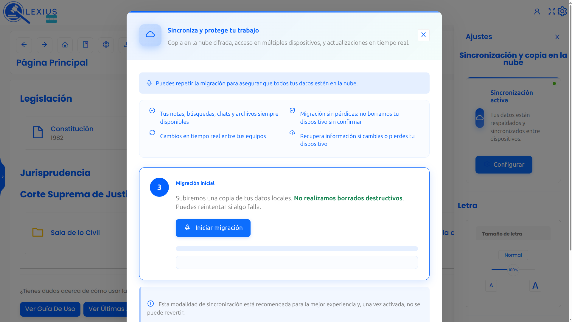 Pantalla de migración y respaldo en la nube de LEXIUS