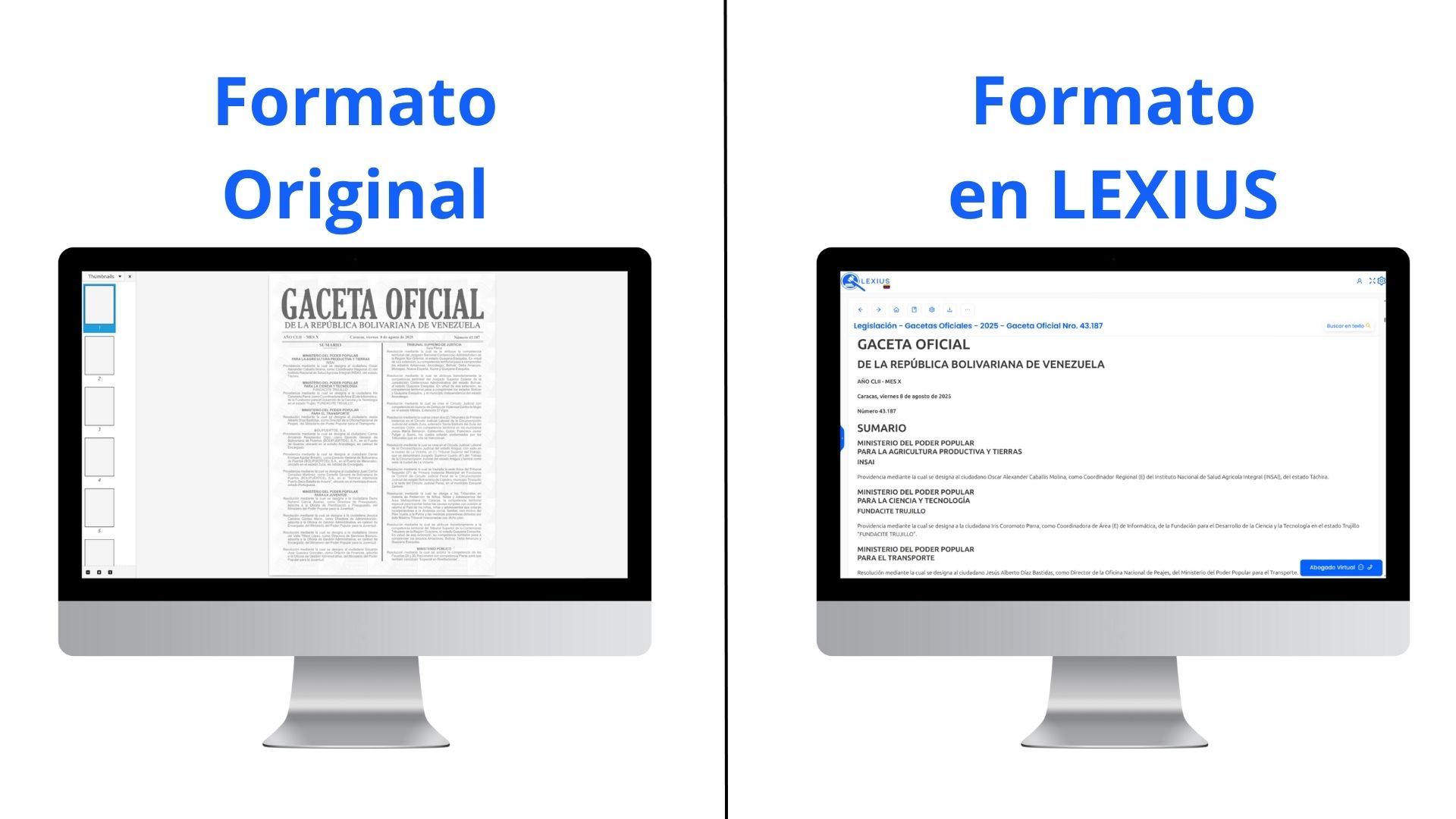 Comparativa de formato de textos legales en LEXIUS Venezuela