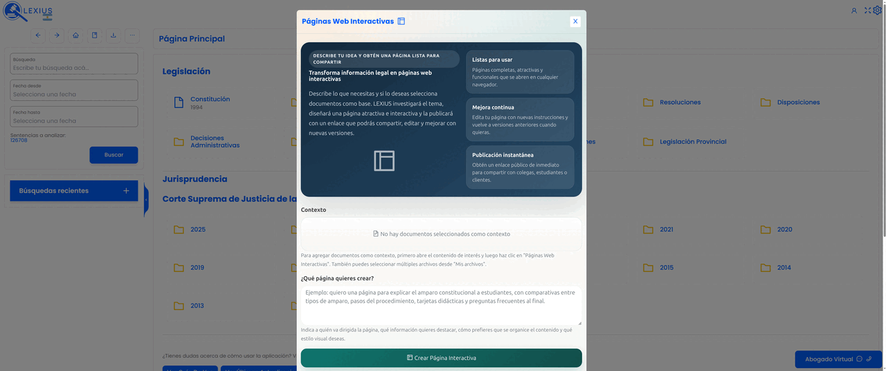 Placeholder: interfaz de Páginas Web Interactivas mostrando una página jurídica visual con secciones, comparativas, tarjetas y botón para compartir enlace