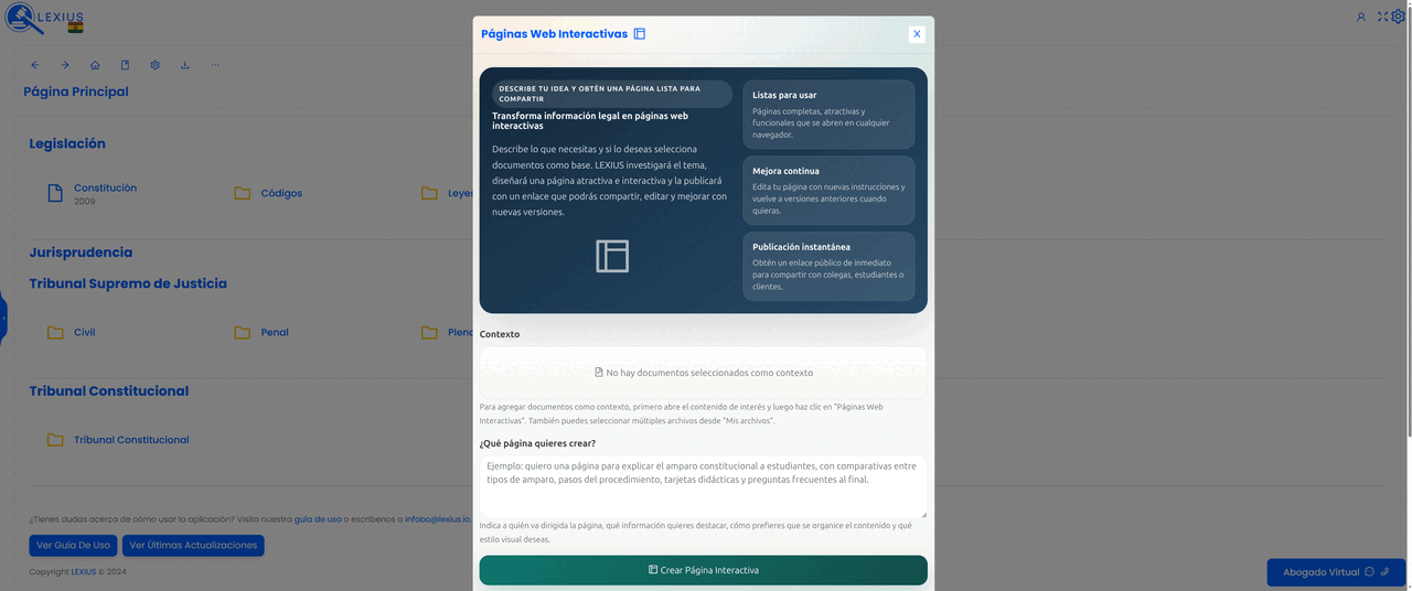 Placeholder: interfaz de Páginas Web Interactivas mostrando una página jurídica visual con secciones, comparativas, tarjetas y botón para compartir enlace