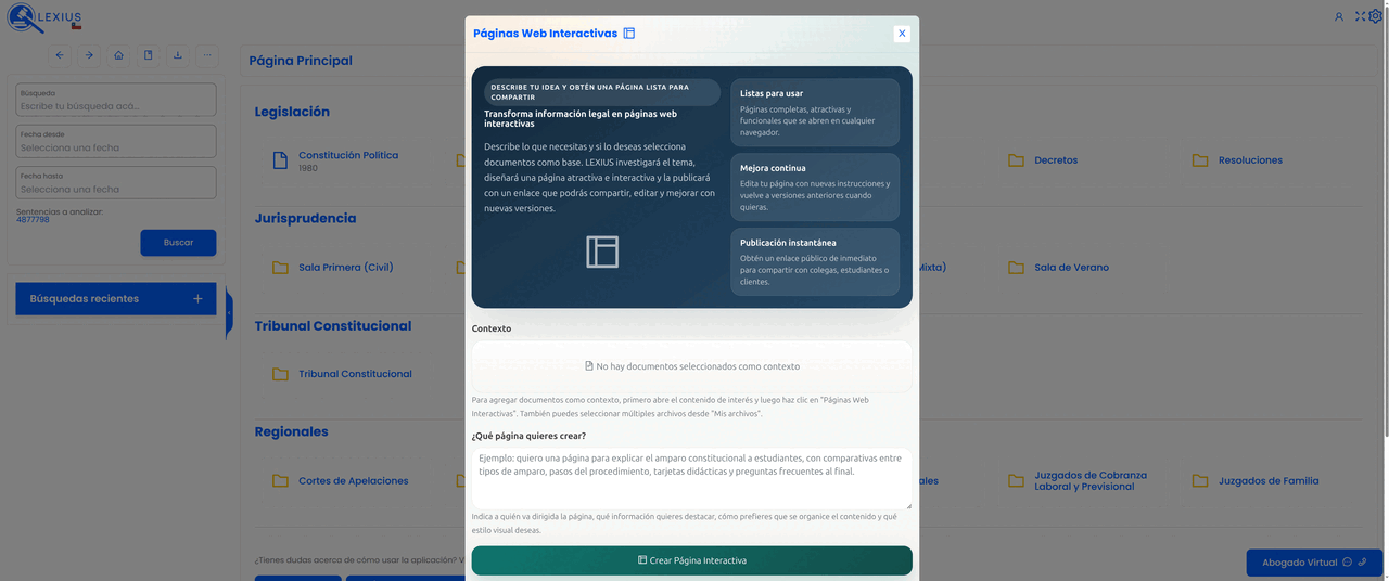 Placeholder: interfaz de Páginas Web Interactivas mostrando una página jurídica visual con secciones, comparativas, tarjetas y botón para compartir enlace