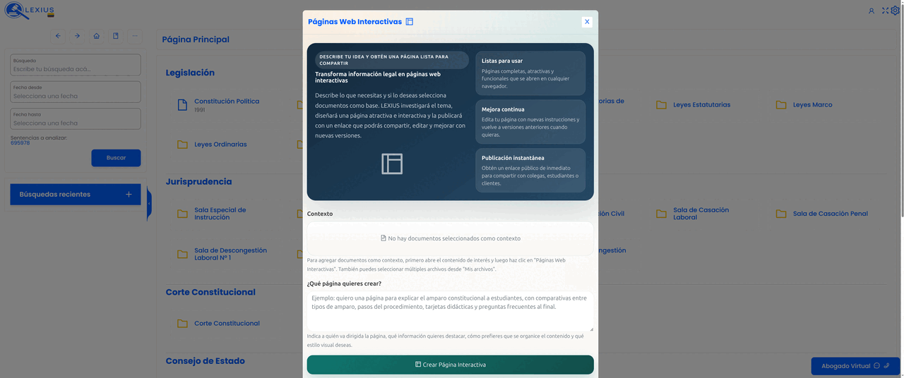 Placeholder: interfaz de Páginas Web Interactivas mostrando una página jurídica visual con secciones, comparativas, tarjetas y botón para compartir enlace