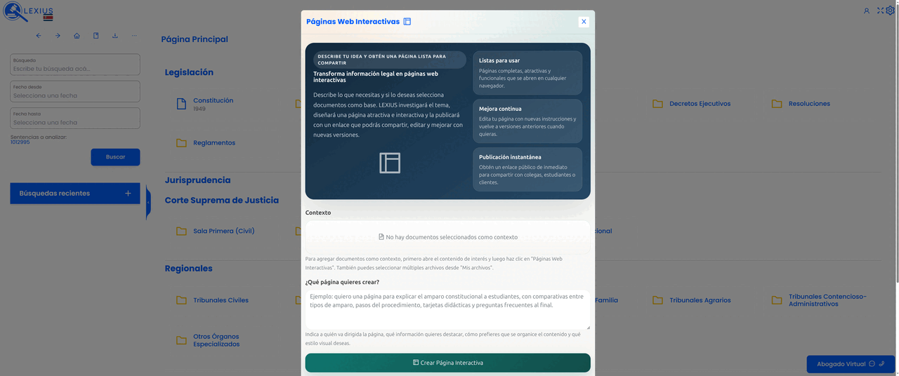 Placeholder: interfaz de Páginas Web Interactivas mostrando una página jurídica visual con secciones, comparativas, tarjetas y botón para compartir enlace