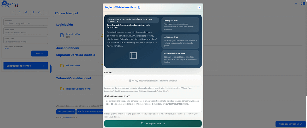 Placeholder: interfaz de Páginas Web Interactivas mostrando una página jurídica visual con secciones, comparativas, tarjetas y botón para compartir enlace