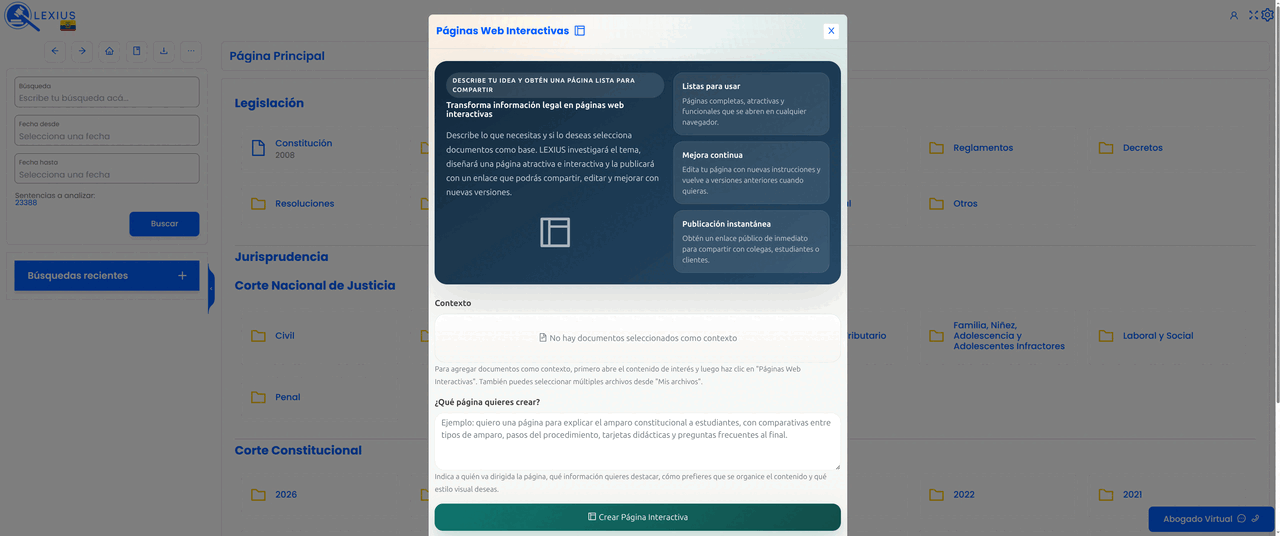 Placeholder: interfaz de Páginas Web Interactivas mostrando una página jurídica visual con secciones, comparativas, tarjetas y botón para compartir enlace