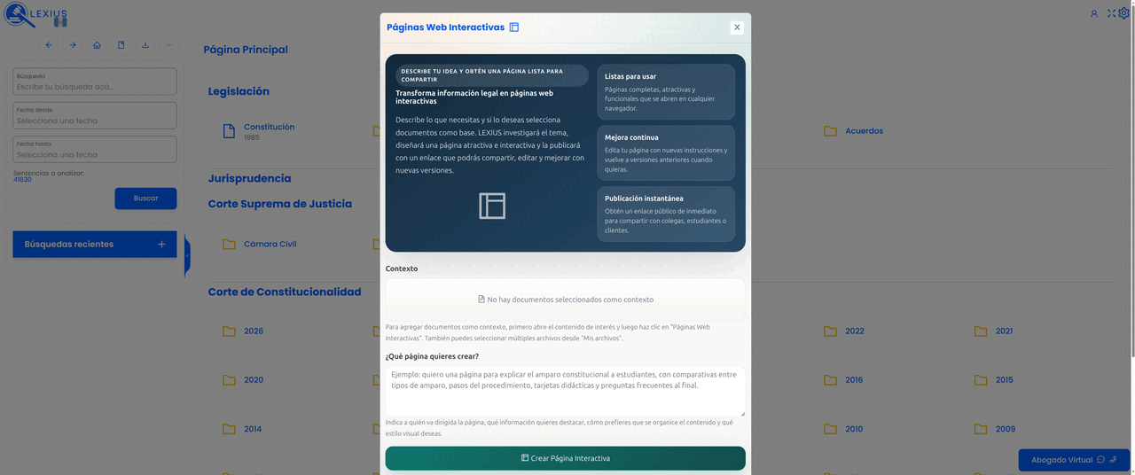 Placeholder: interfaz de Páginas Web Interactivas mostrando una página jurídica visual con secciones, comparativas, tarjetas y botón para compartir enlace