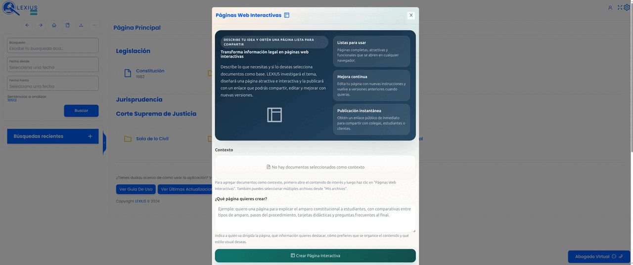 Placeholder: interfaz de Páginas Web Interactivas mostrando una página jurídica visual con secciones, comparativas, tarjetas y botón para compartir enlace