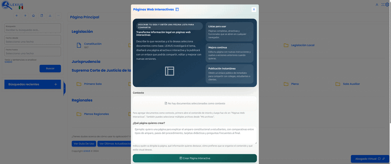 Placeholder: interfaz de Páginas Web Interactivas mostrando una página jurídica visual con secciones, comparativas, tarjetas y botón para compartir enlace