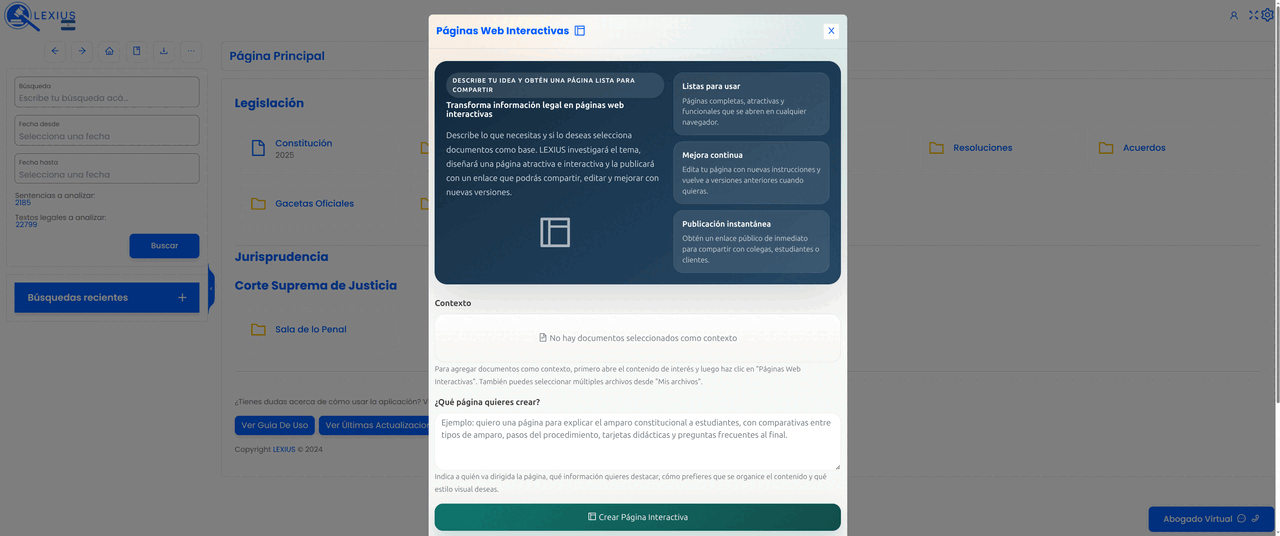 Placeholder: interfaz de Páginas Web Interactivas mostrando una página jurídica visual con secciones, comparativas, tarjetas y botón para compartir enlace