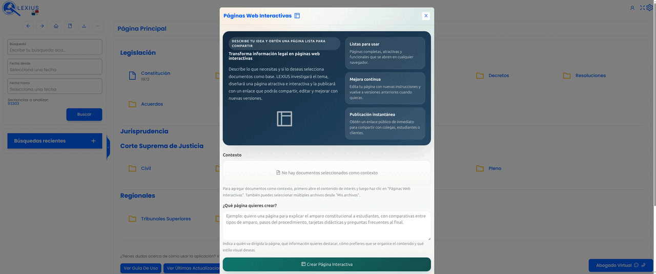 Placeholder: interfaz de Páginas Web Interactivas mostrando una página jurídica visual con secciones, comparativas, tarjetas y botón para compartir enlace