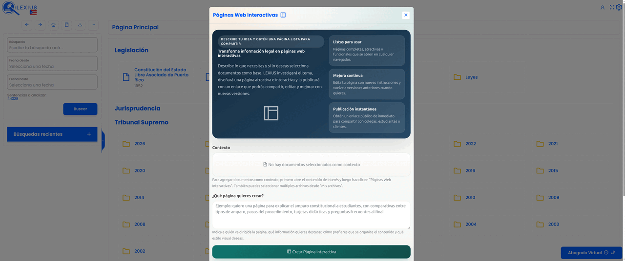 Placeholder: interfaz de Páginas Web Interactivas mostrando una página jurídica visual con secciones, comparativas, tarjetas y botón para compartir enlace