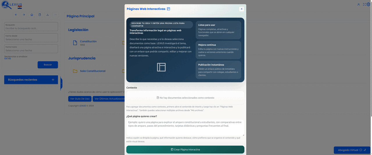 Placeholder: interfaz de Páginas Web Interactivas mostrando una página jurídica visual con secciones, comparativas, tarjetas y botón para compartir enlace