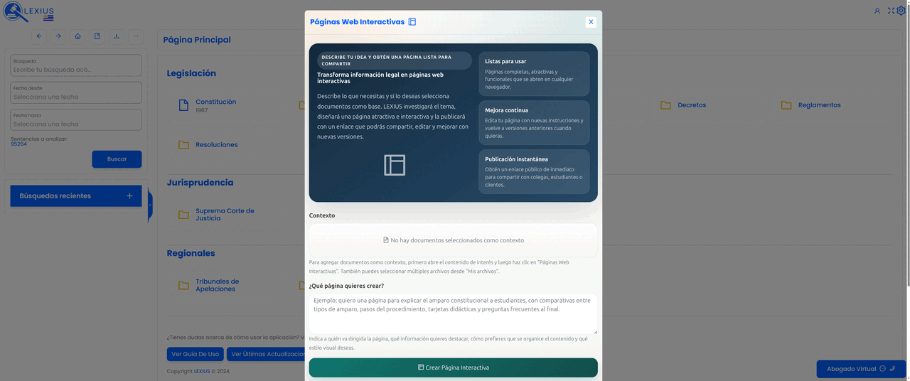 Placeholder: interfaz de Páginas Web Interactivas mostrando una página jurídica visual con secciones, comparativas, tarjetas y botón para compartir enlace